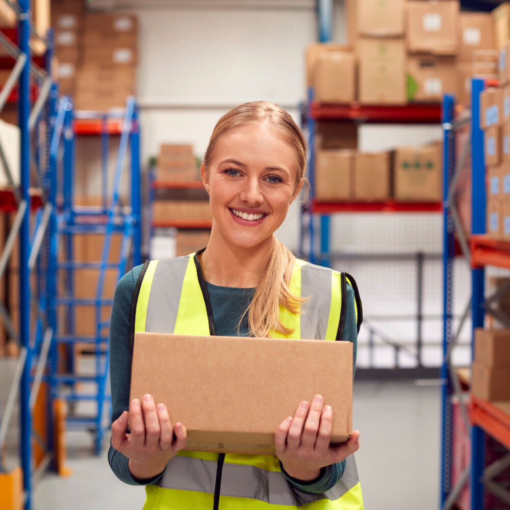Portrait Of Female Worker Holding Box Inside Warehouse