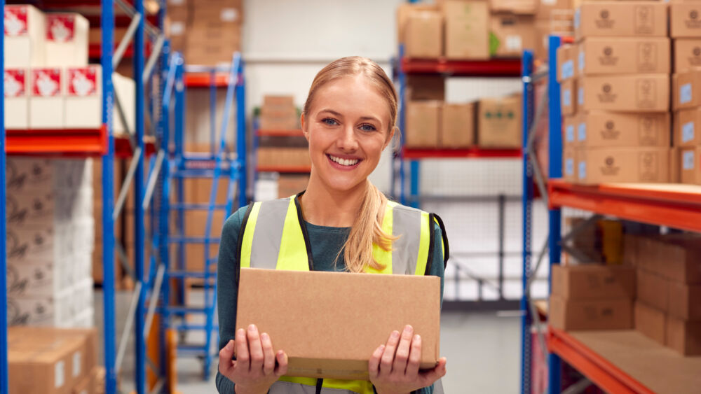 Portrait Of Female Worker Holding Box Inside Warehouse